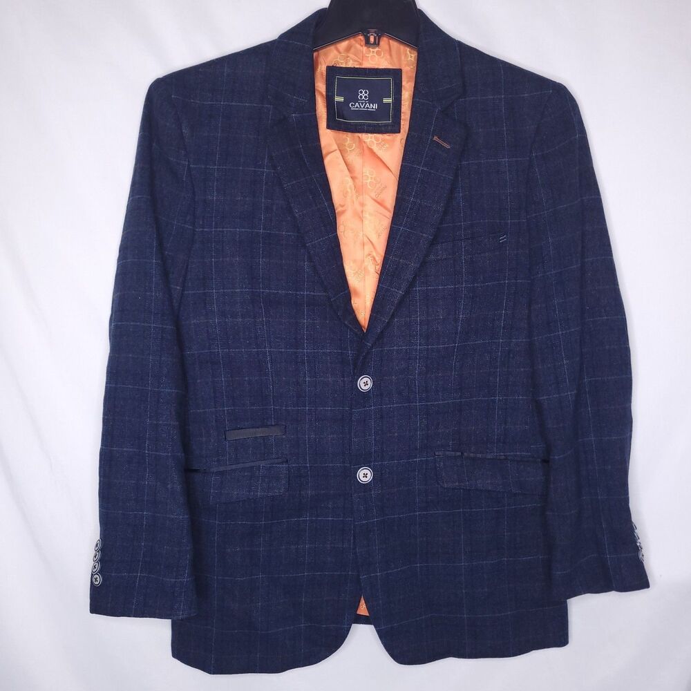 House Of Cavani Blazer Mens 40R Navy Blue Windowpane Check Tweed